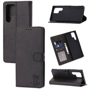 For Samsung Galaxy S25 Ultra 5G Embossed Happy Cat Pattern Flip Leather Phone Case(Black)