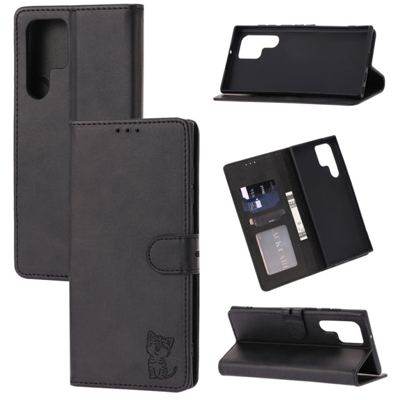 For Samsung Galaxy S25 Ultra 5G Embossed Happy Cat Pattern Flip Leather Phone Case(Black)