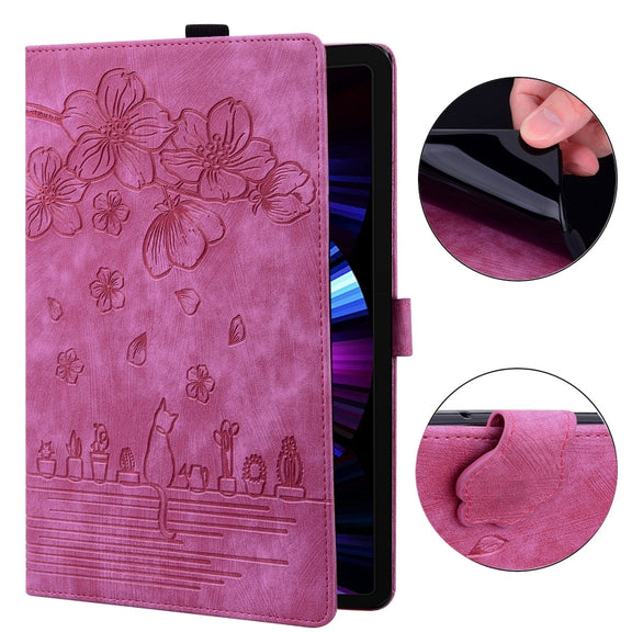 For OnePlus Pad / Pad Pro 12.1 Cartoon Sakura Cat Embossed Leather Tablet Case(Rose Red)