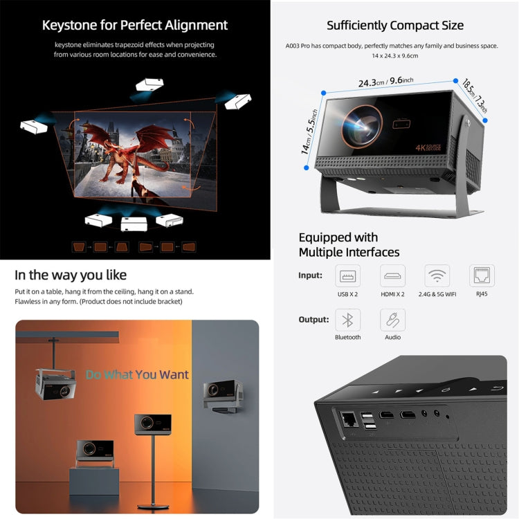 AUN A003 Pro 1920 x 1080P 350 Lumens Portable Home Theater LED HD Digital Projector, EU Plug(Grey)