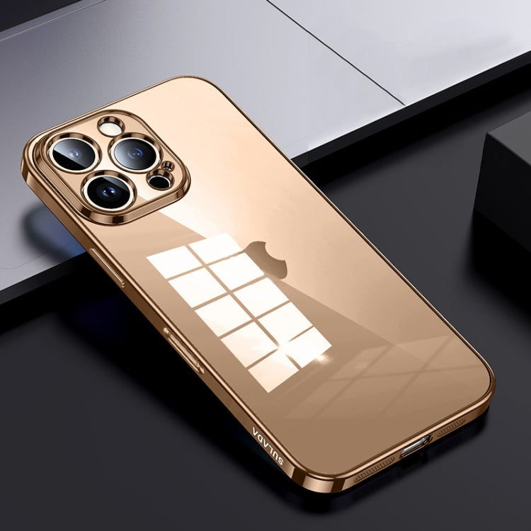 For iPhone 16 Pro Max SULADA Shine Through Series Plating TPU Transparent Phone Case(Gold)