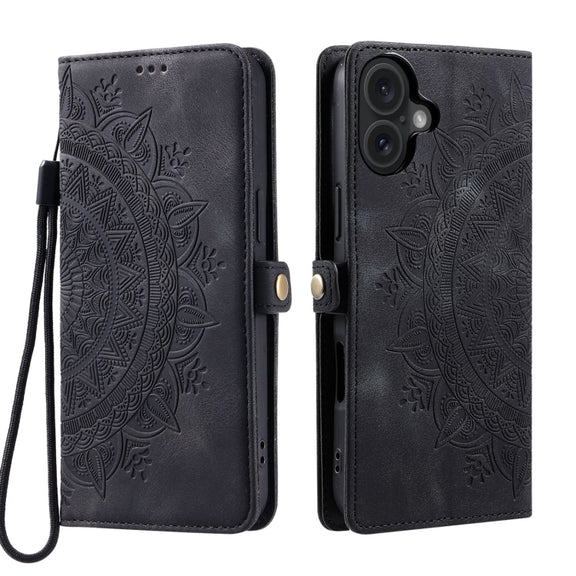 For iPhone 16 Skin Feel Totem Embossed Leather Phone Case(Black)