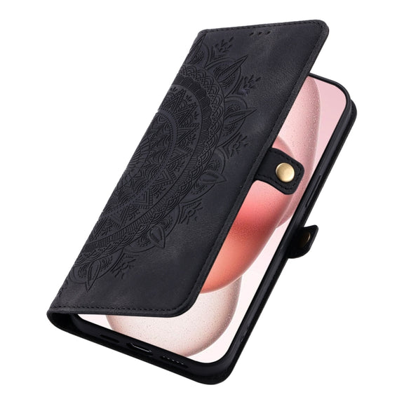 For iPhone 16 Skin Feel Totem Embossed Leather Phone Case(Black)