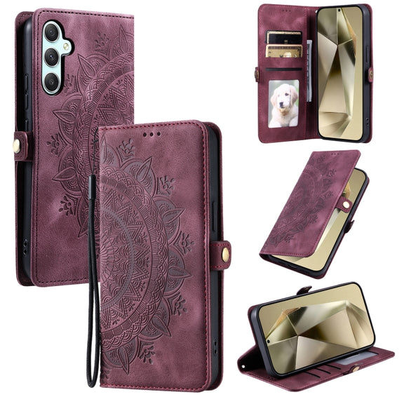 For Samsung Galaxy S25 5G Skin Feel Totem Embossed Leather Phone Case(Wine Red)