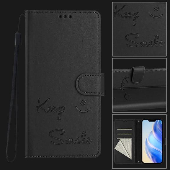 For iPhone 16e Smile Embossing RFID Leather Phone Case(Black)