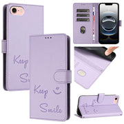 For iPhone 16e Smile Embossing RFID Leather Phone Case(Light Purple)