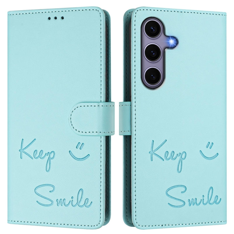 For Samsung Galaxy S25 5G Smile Embossing RFID Leather Phone Case(Mint Green)
