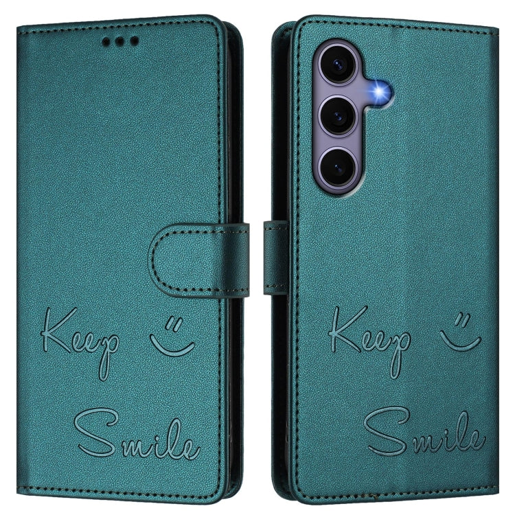 For Samsung Galaxy S25 5G Smile Embossing RFID Leather Phone Case(Peacock Green)