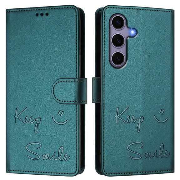 For Samsung Galaxy S25 5G Smile Embossing RFID Leather Phone Case(Peacock Green)