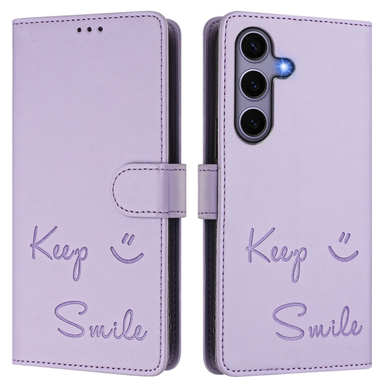 For Samsung Galaxy S25 5G Smile Embossing RFID Leather Phone Case(Light Purple)