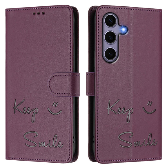 For Samsung Galaxy S25 5G Smile Embossing RFID Leather Phone Case(Violet)