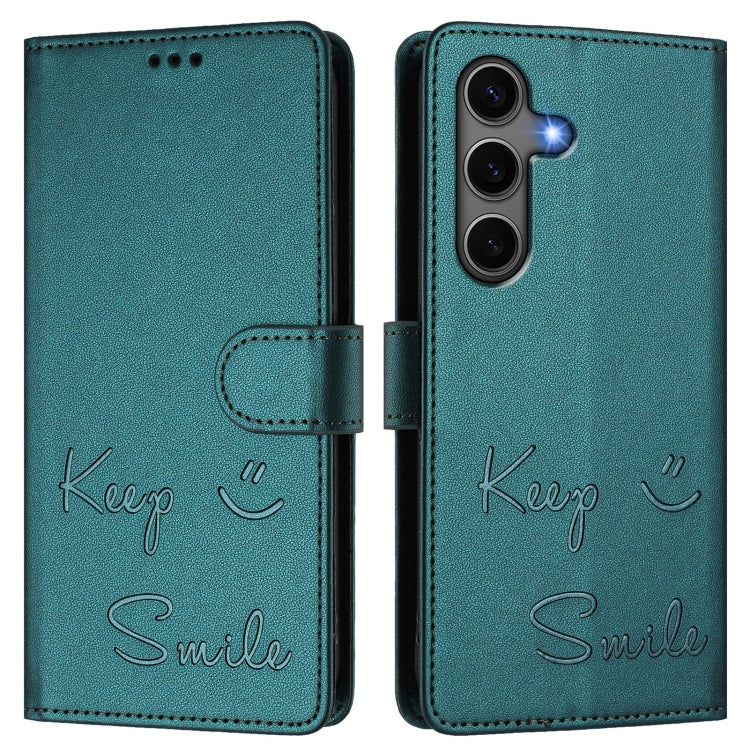 For Samsung Galaxy S25+ 5G Smile Embossing RFID Leather Phone Case(Peacock Green)