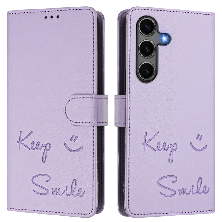 For Samsung Galaxy S25+ 5G Smile Embossing RFID Leather Phone Case(Light Purple)