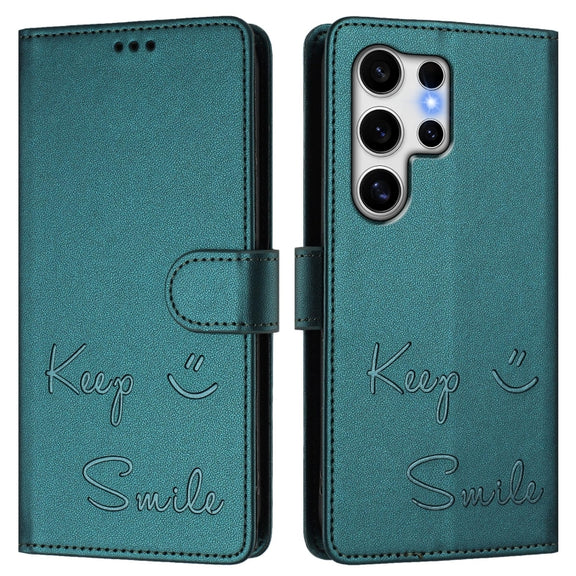 For Samsung Galaxy S25 Ultra 5G Smile Embossing RFID Leather Phone Case(Peacock Green)