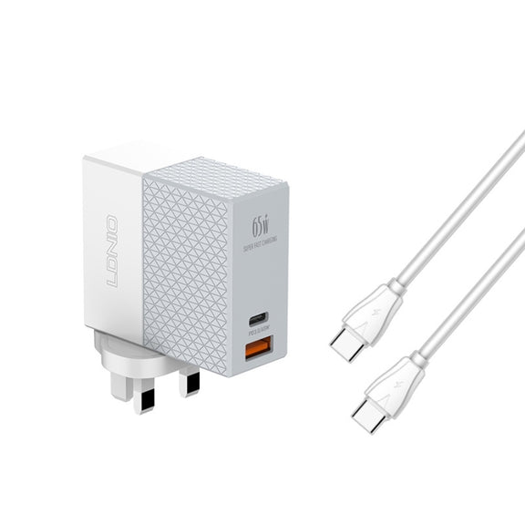 LDNIO A2620C PD3.0 65W USB Power Adapter Travel Charger with Type-C to Type-C Cable, UK Plug