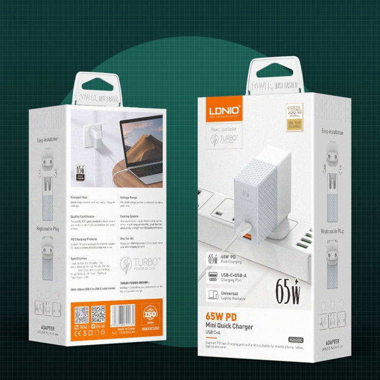 LDNIO A2620C PD3.0 65W USB Power Adapter Travel Charger with Type-C to Type-C Cable, UK Plug