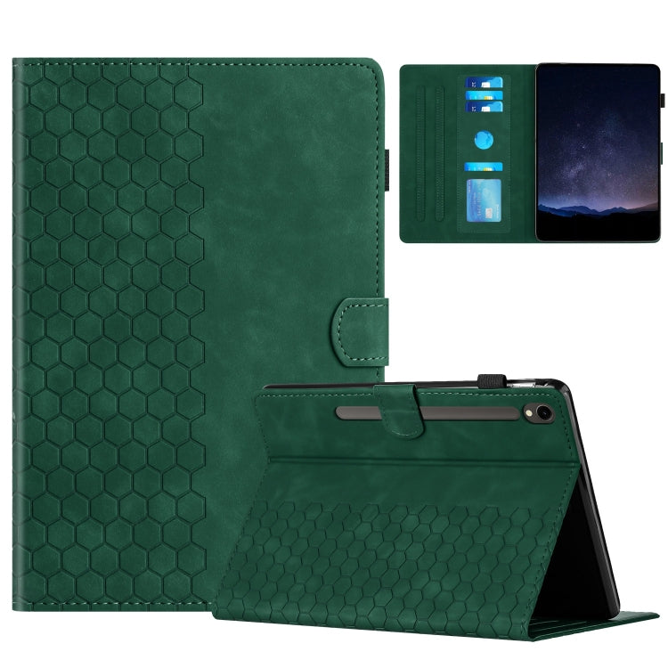 For Samsung Galaxy Tab S9 / S9 FE Honeycomb Embossed Leather Smart Tablet Case(Green)