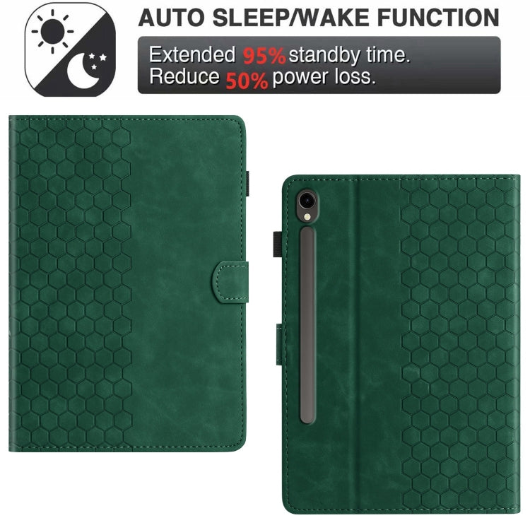 For Samsung Galaxy Tab S9 / S9 FE Honeycomb Embossed Leather Smart Tablet Case(Green)