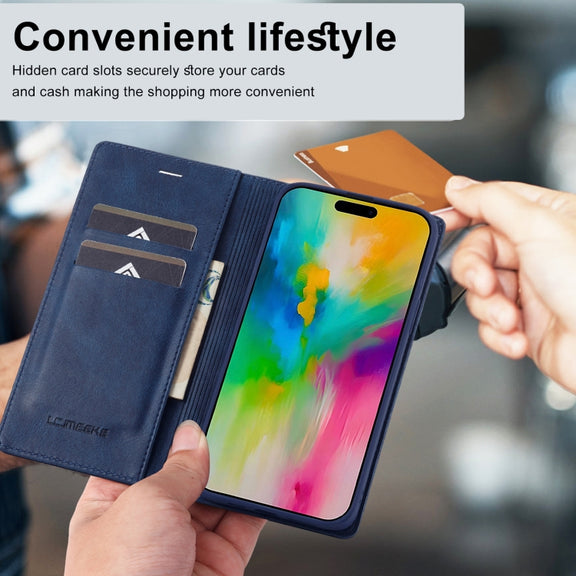 For iPhone 16 Pro Max LC.IMEEKE RFID Anti-theft Leather Phone Case(Blue)