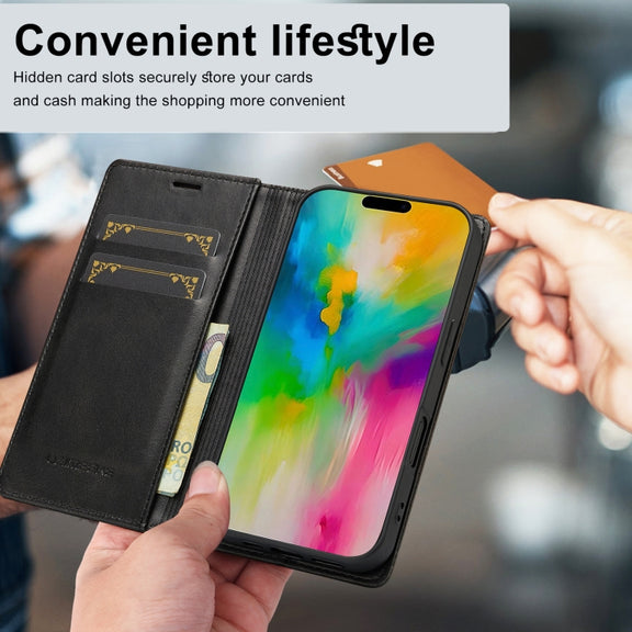 For iPhone 16 Plus LC.IMEEKE RFID Anti-theft Leather Phone Case(Black)