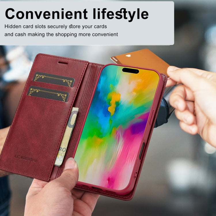 For iPhone 16 Plus LC.IMEEKE RFID Anti-theft Leather Phone Case(Red)