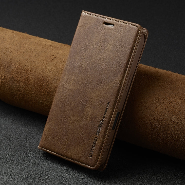 For iPhone 16 Plus LC.IMEEKE RFID Anti-theft Leather Phone Case(Brown)