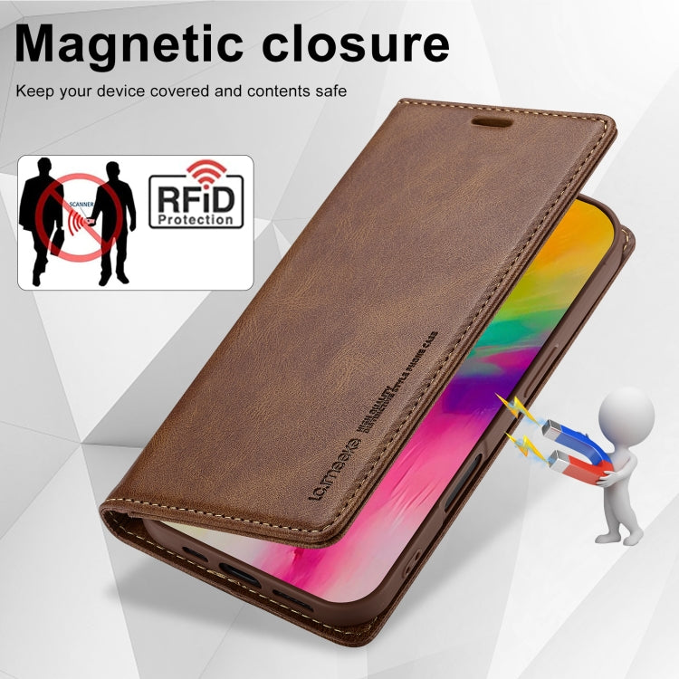 For iPhone 16 Plus LC.IMEEKE RFID Anti-theft Leather Phone Case(Brown)