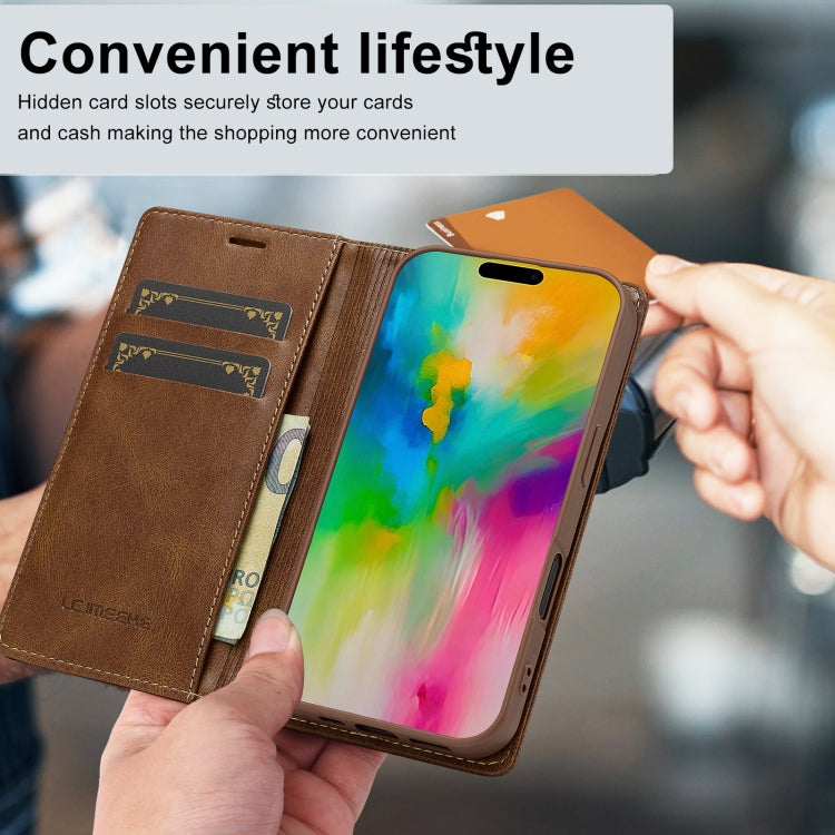 For iPhone 16 LC.IMEEKE RFID Anti-theft Leather Phone Case(Brown)