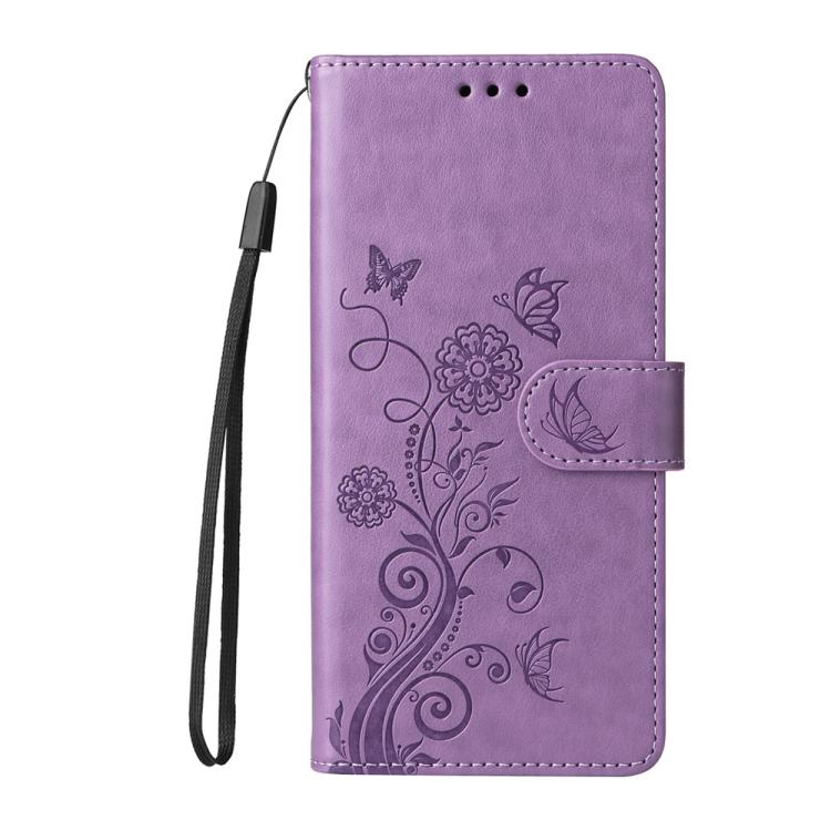 For iPhone 16e Embossed Butterfly Flowers Leather Phone Case(Purple)