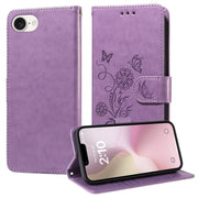 For iPhone 16e Embossed Butterfly Flowers Leather Phone Case(Purple)