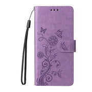 For iPhone 16e Embossed Butterfly Flowers Leather Phone Case(Purple)