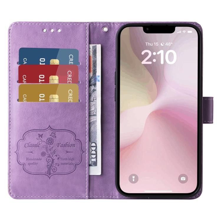 For iPhone 16e Embossed Butterfly Flowers Leather Phone Case(Purple)
