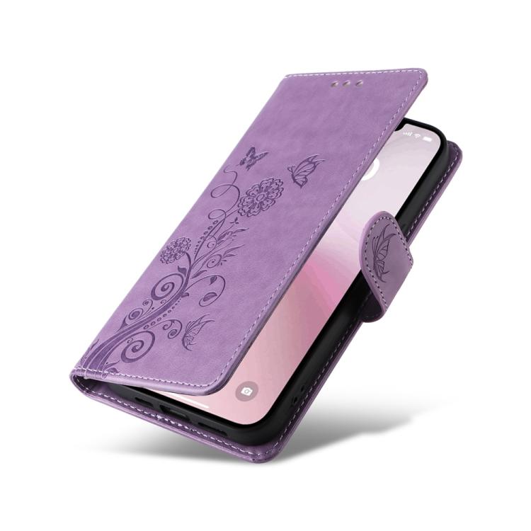 For iPhone 16e Embossed Butterfly Flowers Leather Phone Case(Purple)
