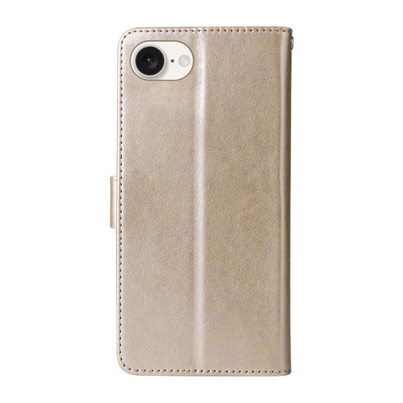 For iPhone 16e Embossed Butterfly Flowers Leather Phone Case(Gold)