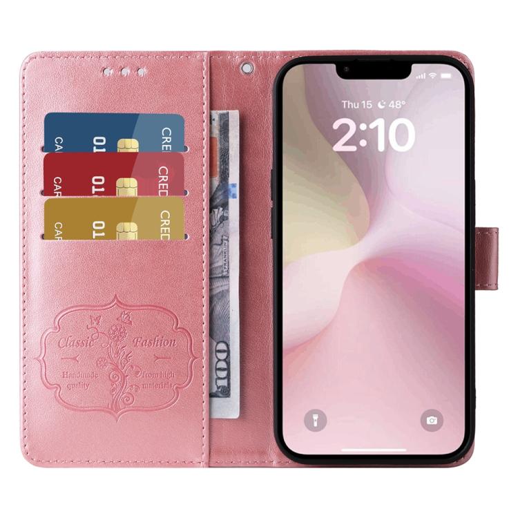 For iPhone 16e Embossed Butterfly Flowers Leather Phone Case(Rose Gold)