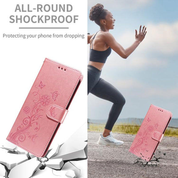 For iPhone 16e Embossed Butterfly Flowers Leather Phone Case(Rose Gold)