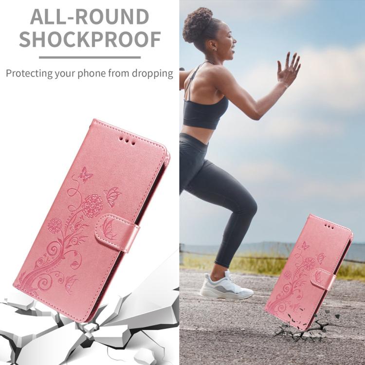 For iPhone 16e Embossed Butterfly Flowers Leather Phone Case(Rose Gold)