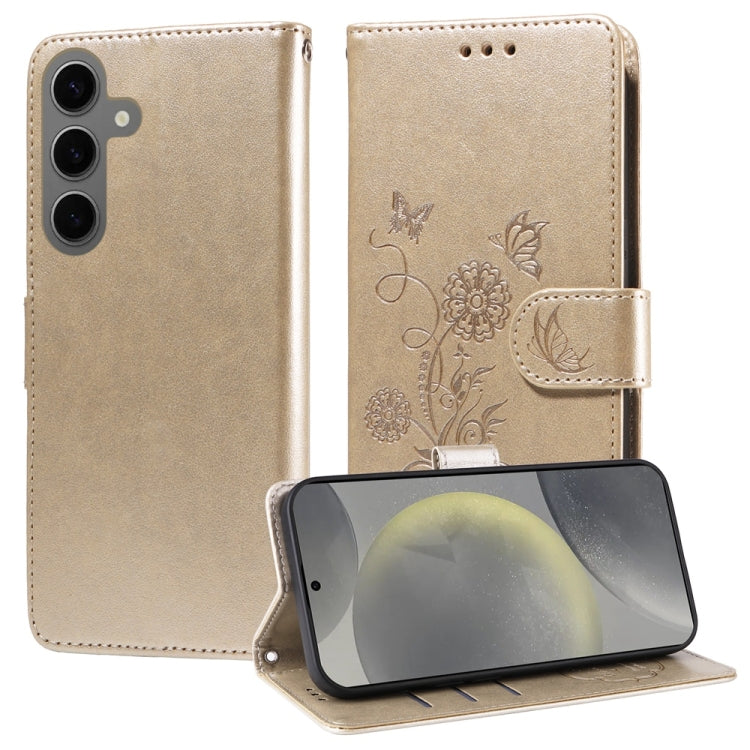 For Samsung Galaxy S25 5G Embossed Butterfly Flowers Leather Phone Case(Gold)