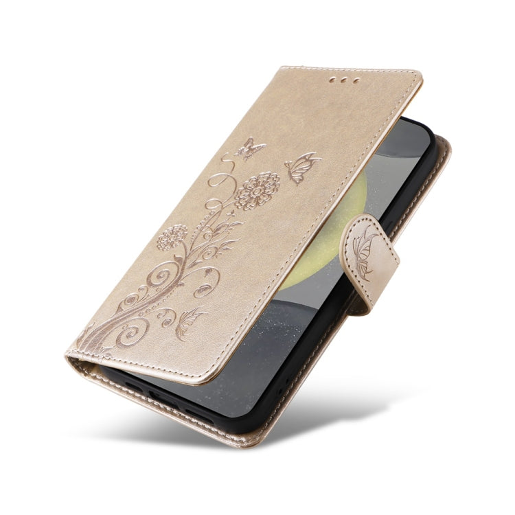 For Samsung Galaxy S25 5G Embossed Butterfly Flowers Leather Phone Case(Gold)