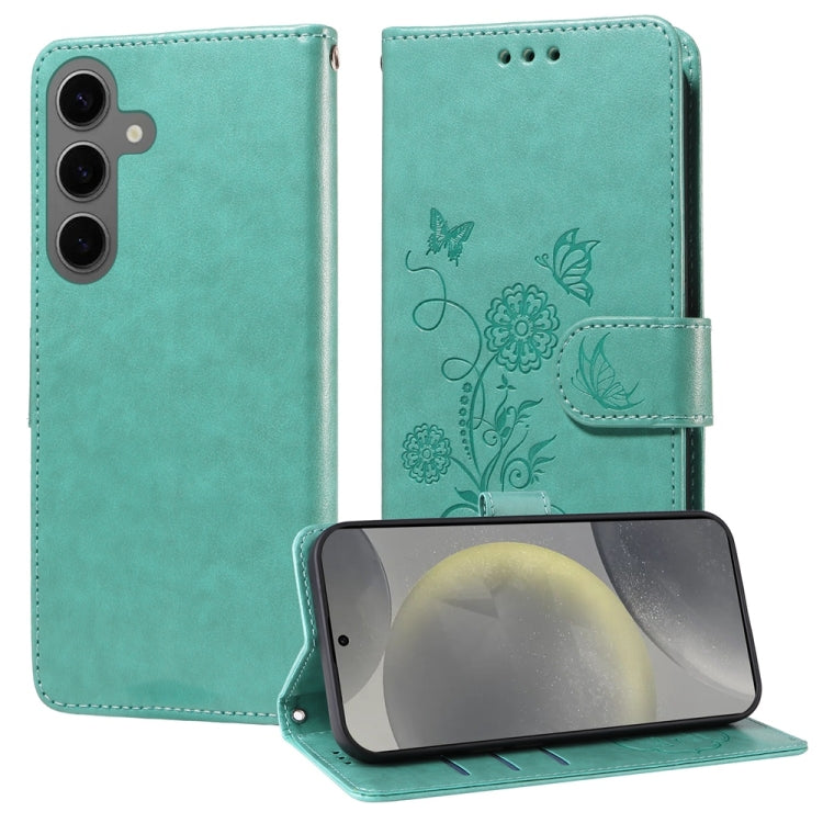 For Samsung Galaxy S25 5G Embossed Butterfly Flowers Leather Phone Case(Green)