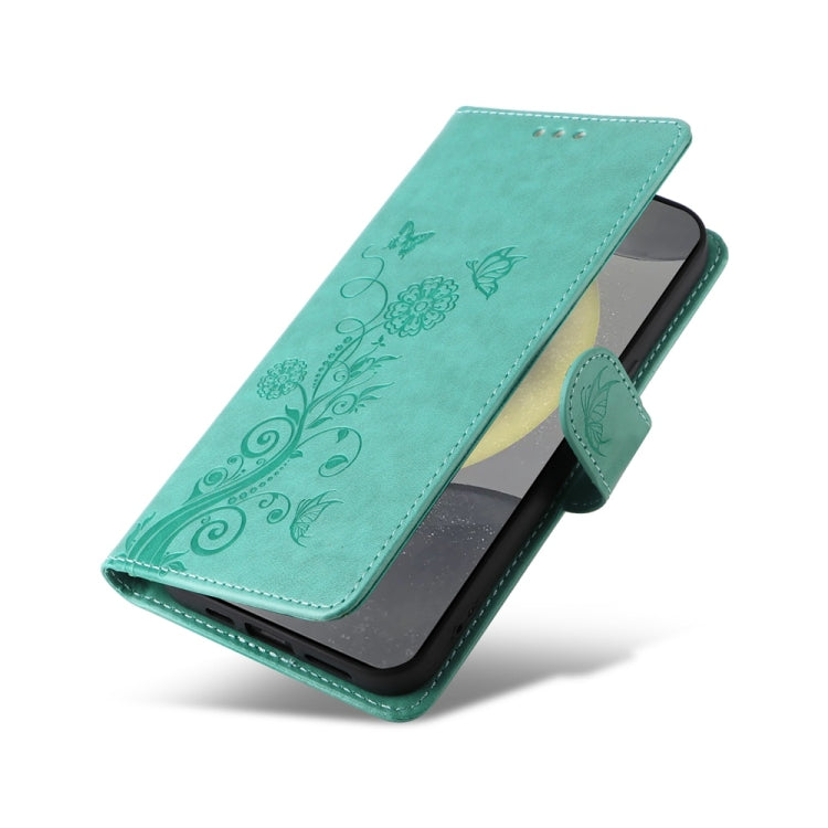 For Samsung Galaxy S25 5G Embossed Butterfly Flowers Leather Phone Case(Green)