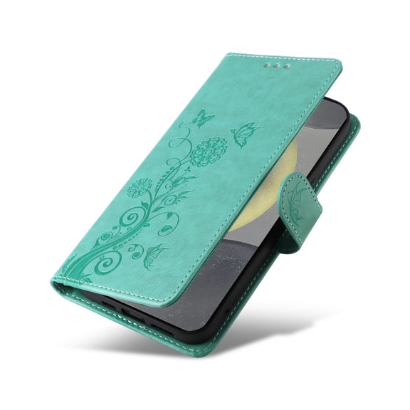 For Samsung Galaxy S25 5G Embossed Butterfly Flowers Leather Phone Case(Green)