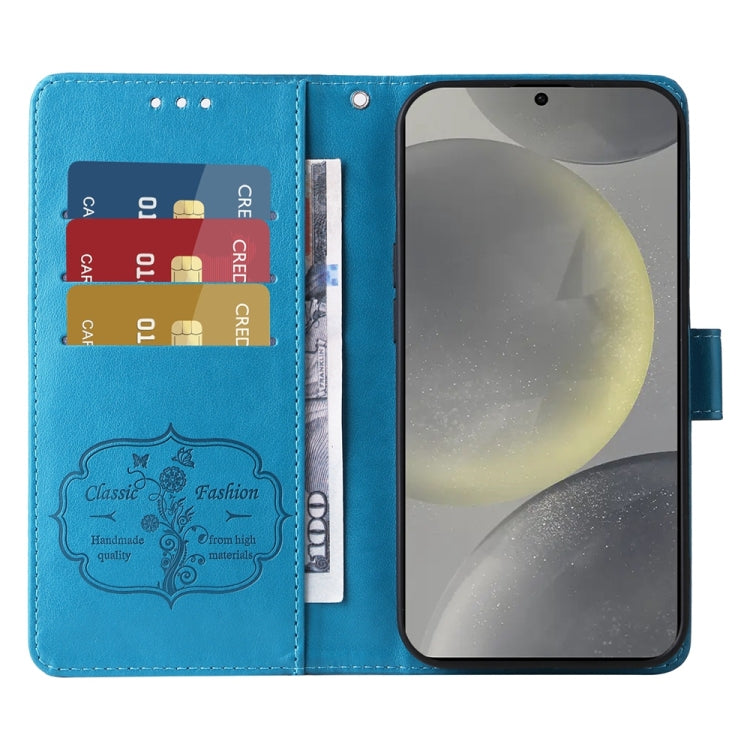For Samsung Galaxy S25 5G Embossed Butterfly Flowers Leather Phone Case(Blue)