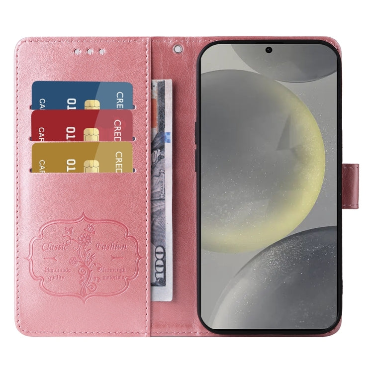 For Samsung Galaxy S25 5G Embossed Butterfly Flowers Leather Phone Case(Rose Gold)