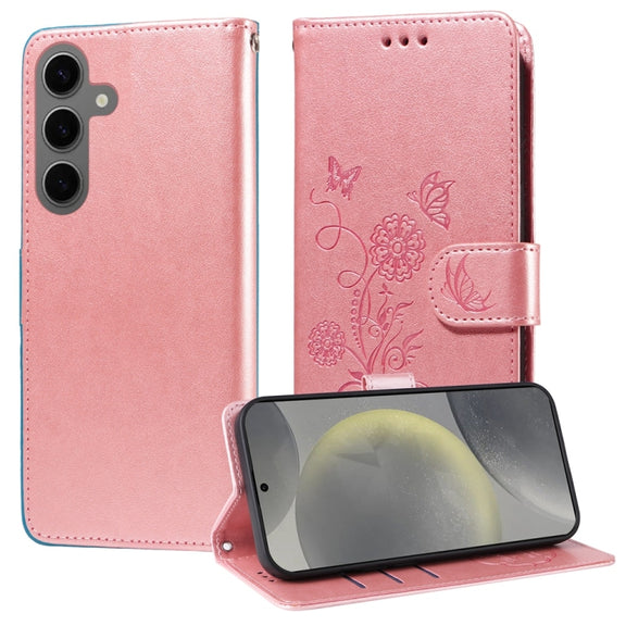 For Samsung Galaxy S25 5G Embossed Butterfly Flowers Leather Phone Case(Rose Gold)