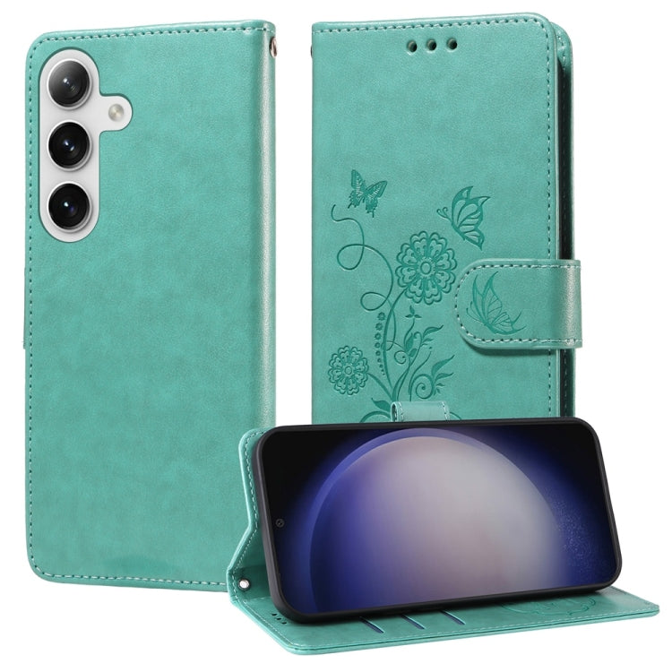 For Samsung Galaxy S25+ 5G Embossed Butterfly Flowers Leather Phone Case(Green)