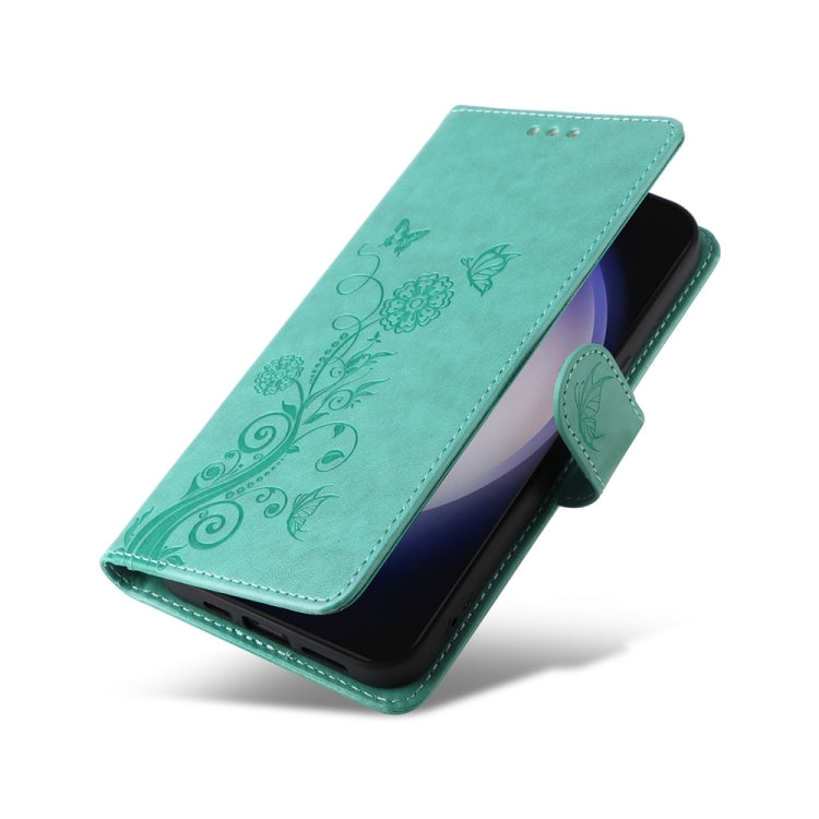 For Samsung Galaxy S25+ 5G Embossed Butterfly Flowers Leather Phone Case(Green)