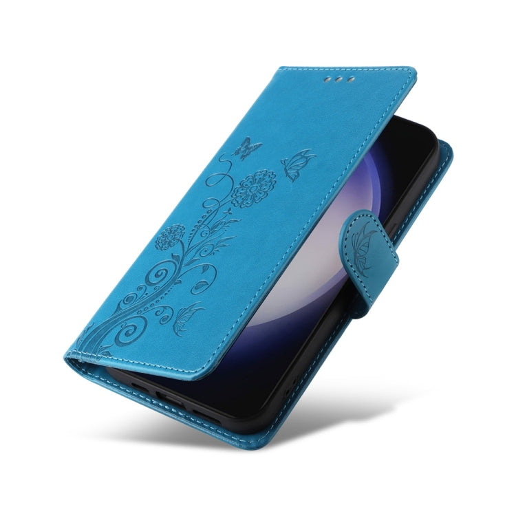 For Samsung Galaxy S25+ 5G Embossed Butterfly Flowers Leather Phone Case(Blue)