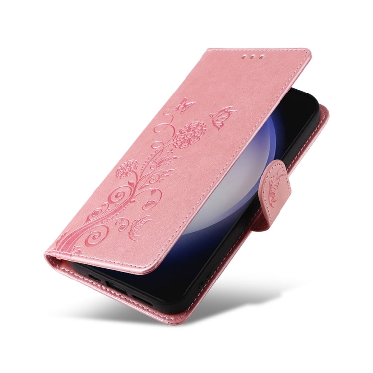For Samsung Galaxy S25+ 5G Embossed Butterfly Flowers Leather Phone Case(Rose Gold)