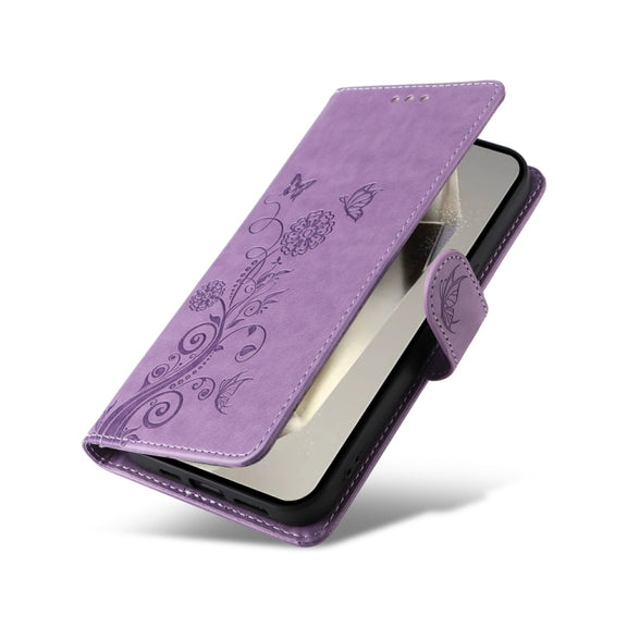 For Samsung Galaxy S25 Ultra 5G Embossed Butterfly Flowers Leather Phone Case(Purple)